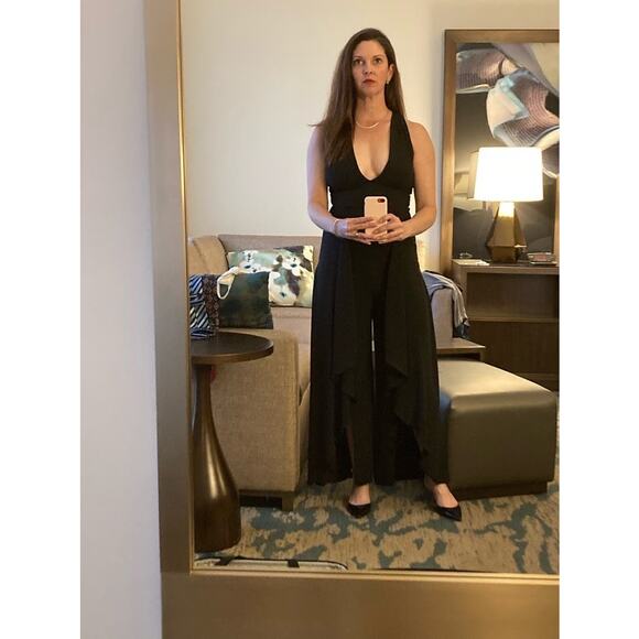 HALSTON Black Sleeveless Deep V-Neck High-Low Ruffle Front Jumpsuit Size 6 - Picture 13 of 14